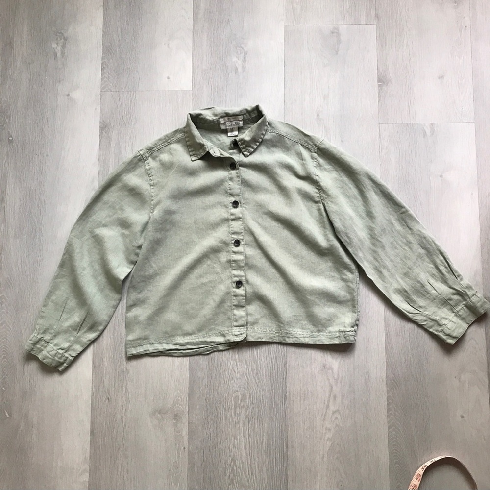 RACHEL ZOE 100% LINEN GREEN CROPPED BOXY TOP BUTTON WOMENS MEDIUM